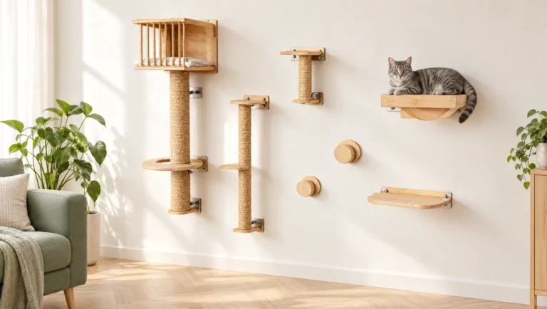 Coin chat mural en bois clair avec poteaux en sisal et chat tigré gris sur une étagère