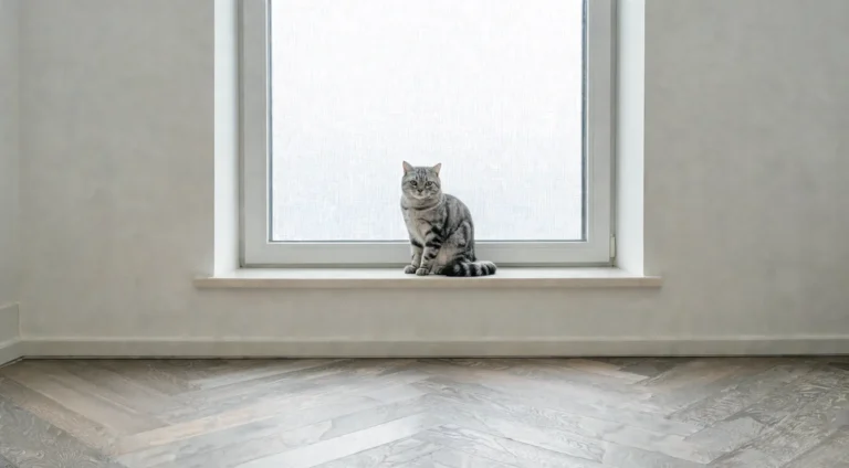 Chat tigré argenté installé près d'une fenêtre équipée d'une moustiquaire, dans une pièce lumineuse