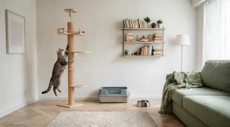 Bac à litière inox et arbre à chat en sisal dans un salon, un chat tigré s'étire sur le poteau