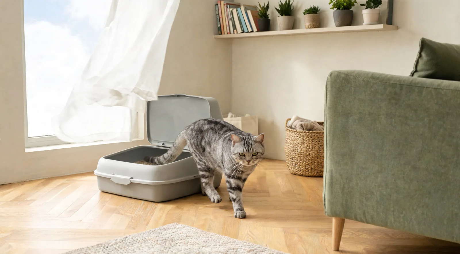Salon d'appartement avec un coin litière discret : chat tigré gris près d'un bac gris, étagère, canapé et panier