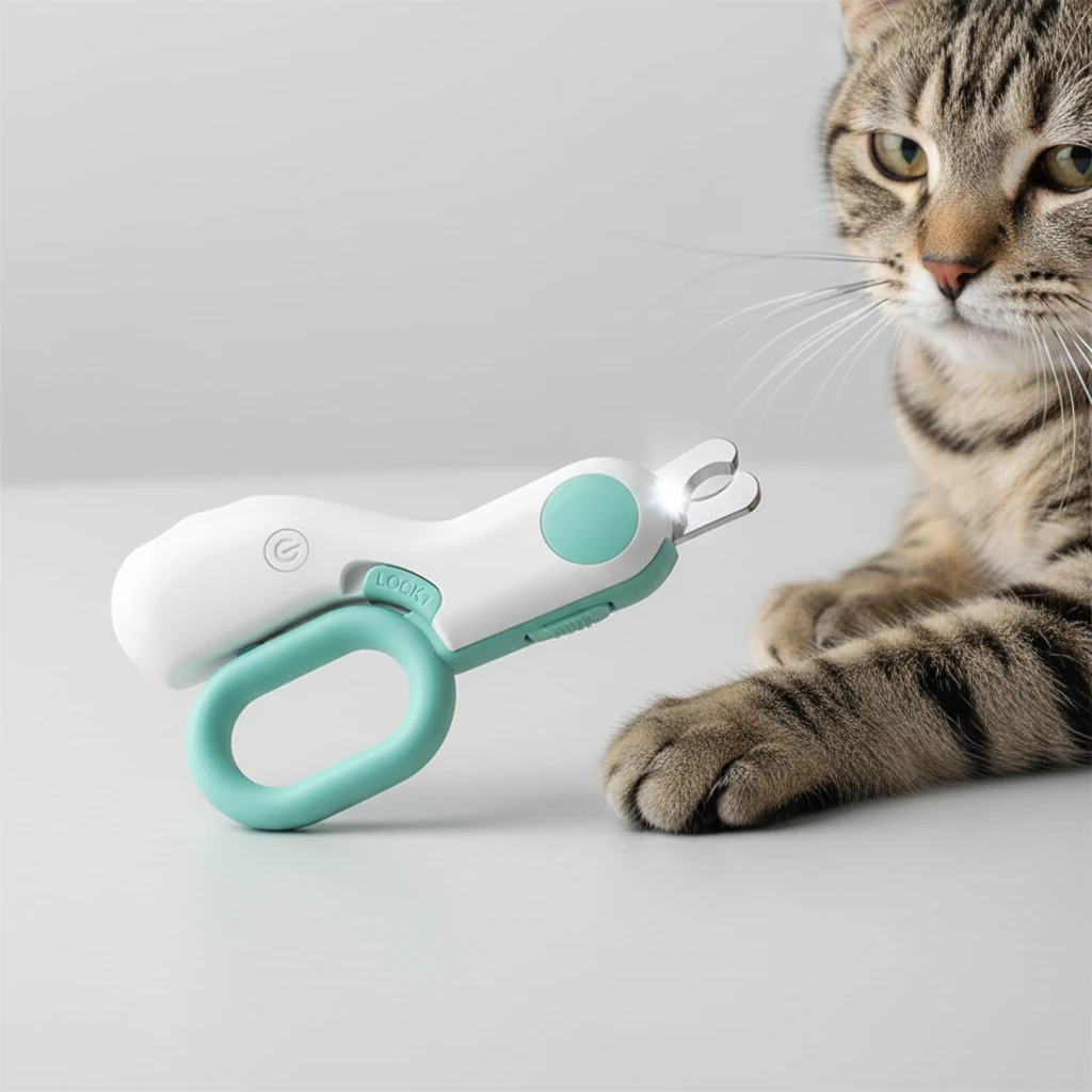Coupe-ongles LED blanc et menthe posé devant la patte d'un chat tigré, lumière allumée