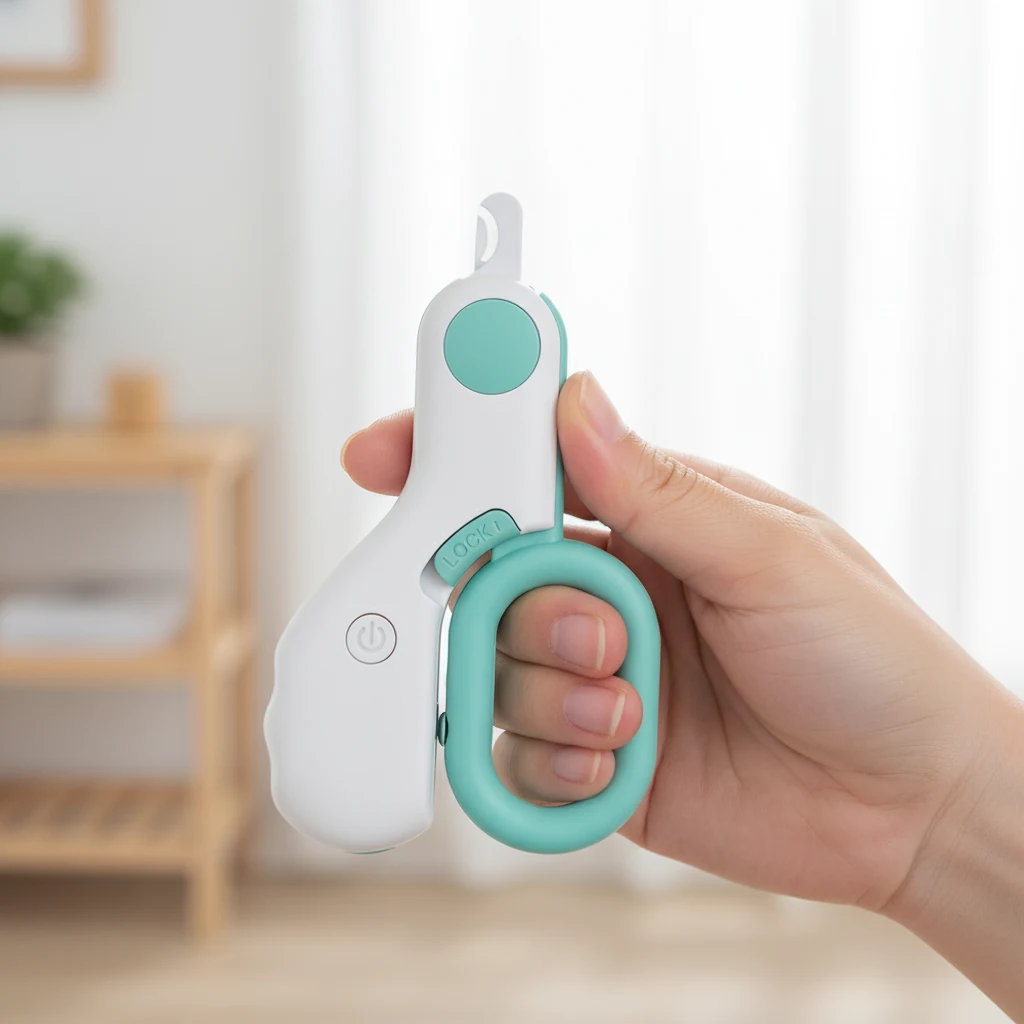 Coupe-ongles blanc et turquoise tenu dans une main, trois doigts dans l'anneau
