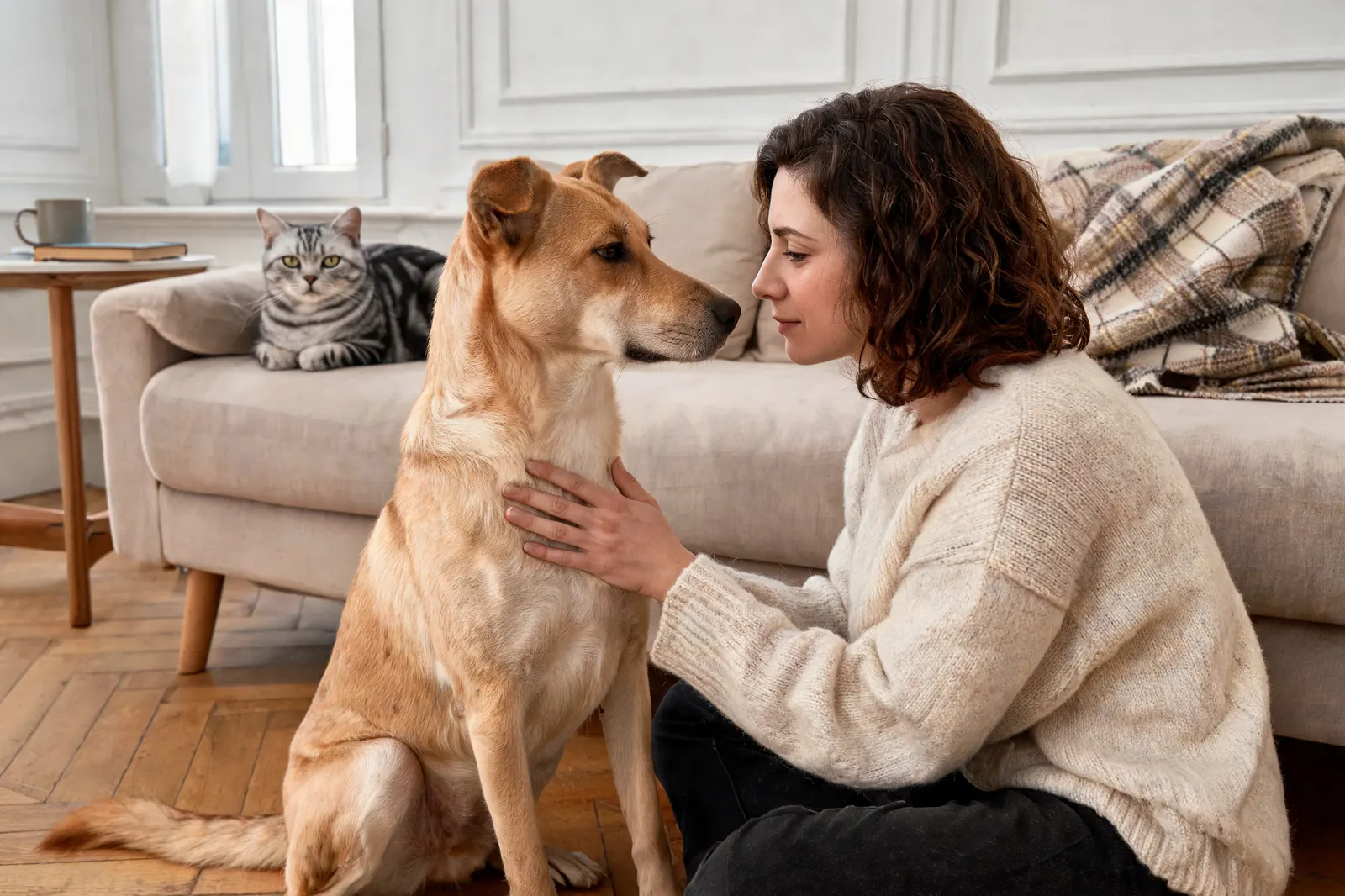 Une femme accroupie face à son chien assis pose la main sur son poitrail, pendant qu’un chat gris tigré les observe depuis le canapé