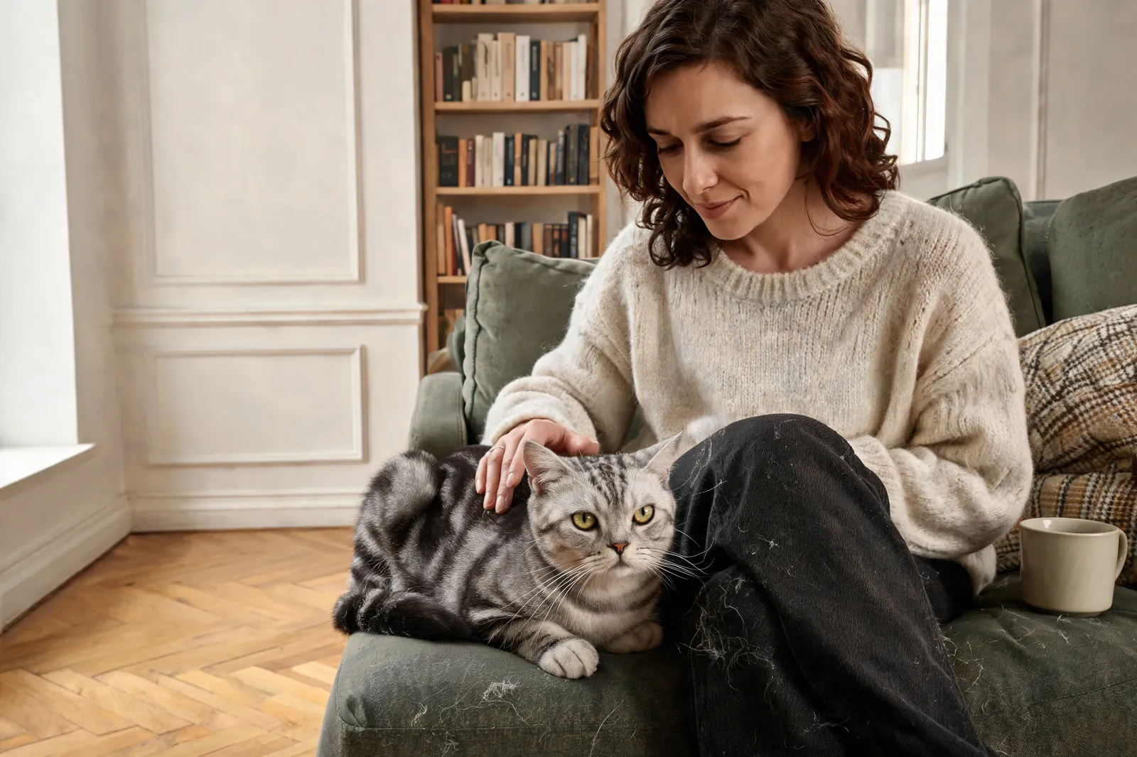 Une femme caresse un chat gris tigré couché sur un canapé, avec des poils visibles sur le tissu et sur son pantalon