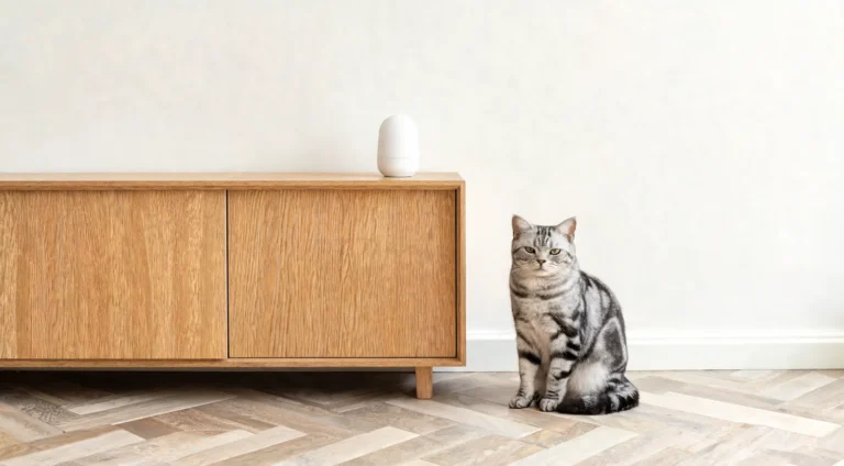 Diffuseur blanc sans marque branché dans un salon, avec un chat tigré détendu à proximité