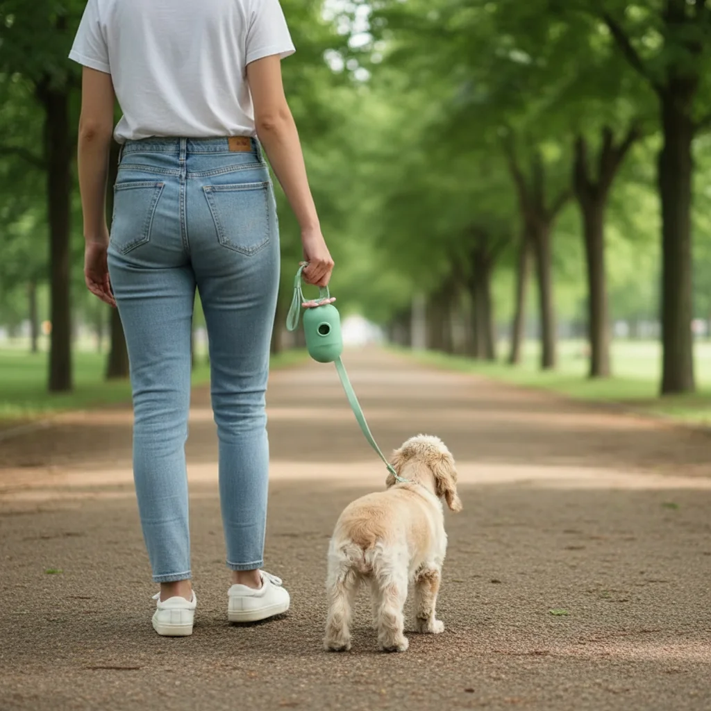 Distributeur de sacs à déjections vert menthe accroché à une laisse, promenade avec un chien