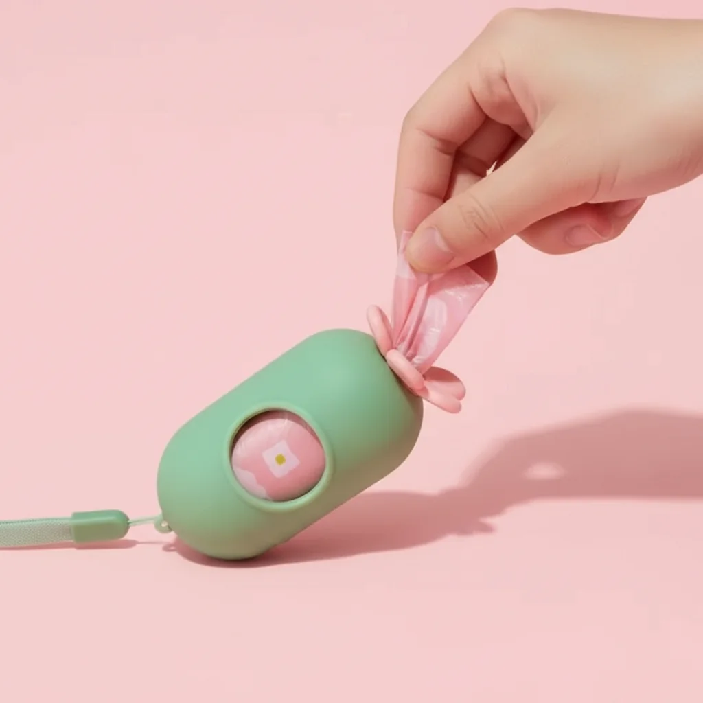 Distributeur vert menthe à fleur rose, main qui tire un sac