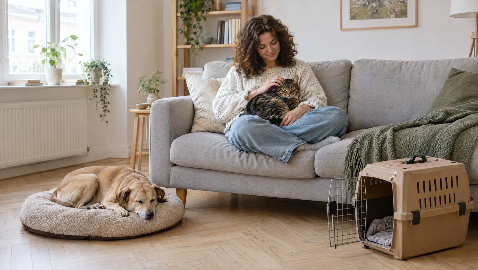 Femme assise sur un canapé gris caressant un chat tigré sur ses genoux, chien endormi sur un coussin et caisse de transport ouverte au premier plan