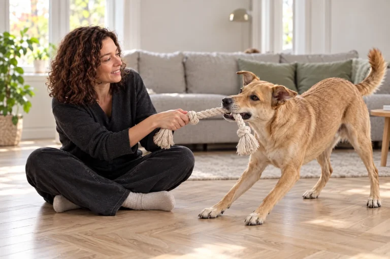Femme assise au sol jouant à la corde avec son chien dans un salon lumineux