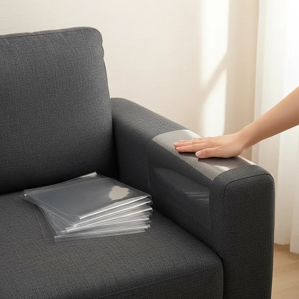 Feuilles de film transparent sur l'assise d'un canapé gris foncé, vendues en lots de 2, 5 ou 10