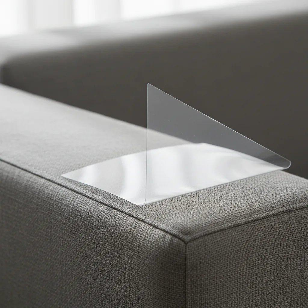 Gros plan sur le coin d'un film transparent soulevé sur un accoudoir en tissu gris foncé