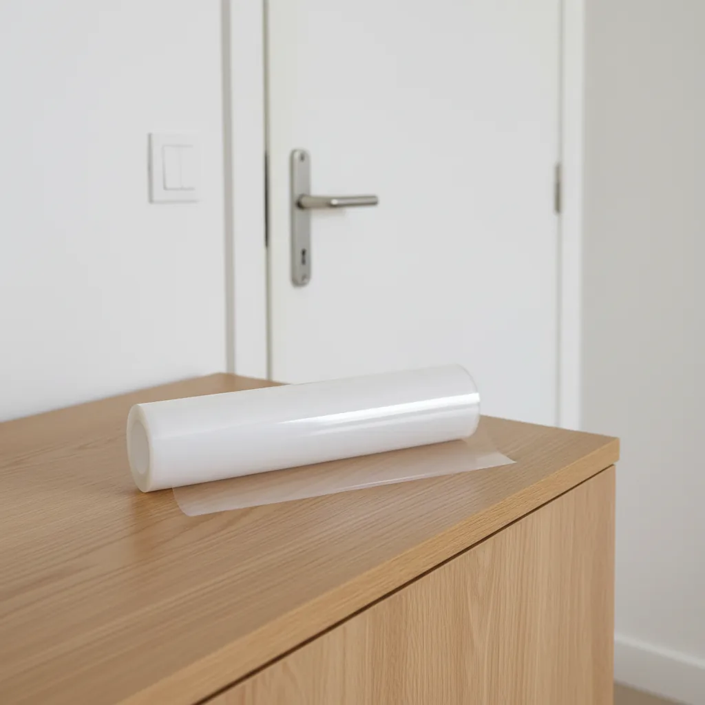 Rouleau de film transparent déroulé sur un meuble en bois clair, devant une porte blanche