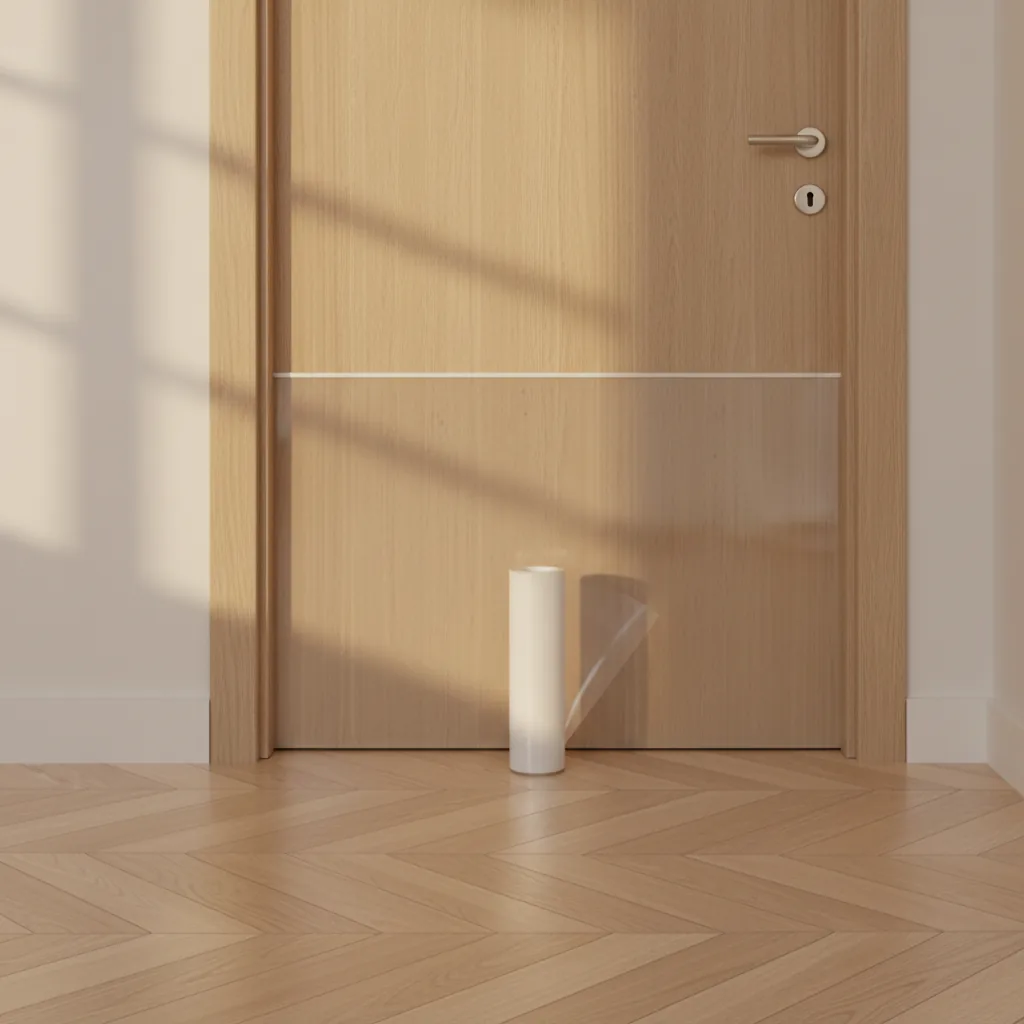 Rouleau de film transparent posé au pied d'une porte en bois clair dont le bas est recouvert par le film