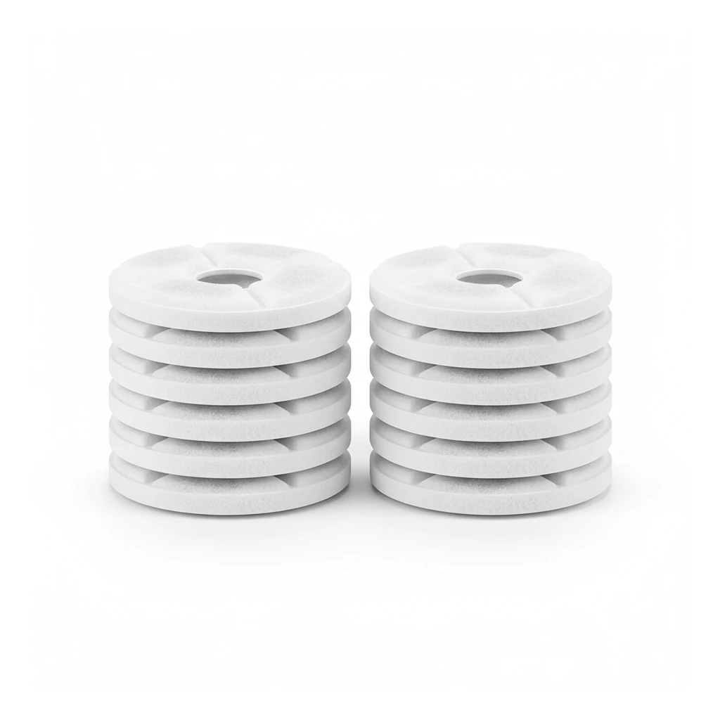 Filtres de rechange pour fontaine à eau pour chat, disques rassemblés sur fond blanc