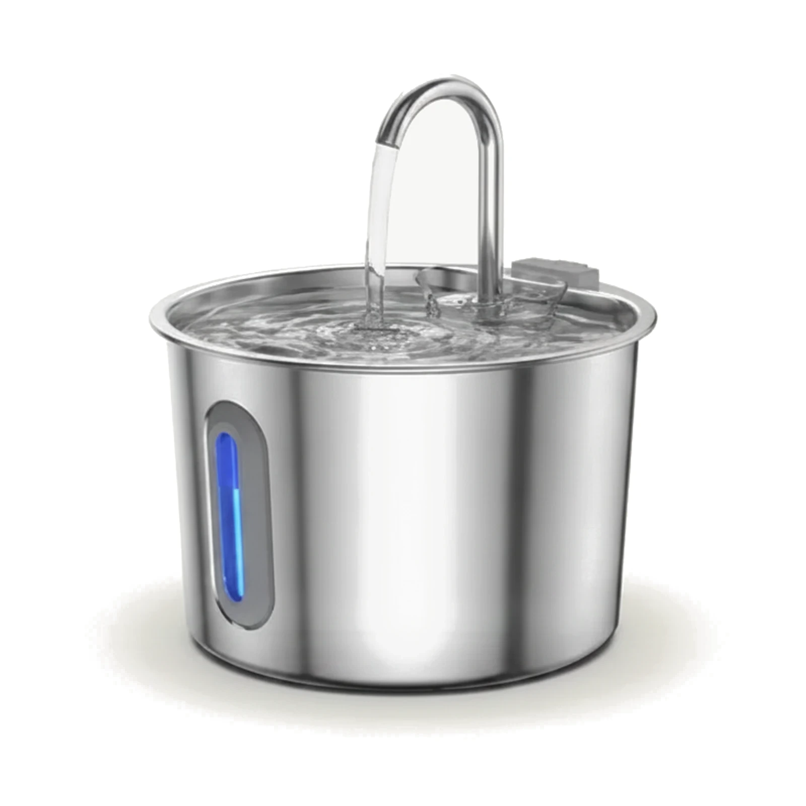 Fontaine à eau pour chat Nooktails en inox, vue trois-quarts sur fond neutre, réservoir et fenêtre de niveau d'eau visibles