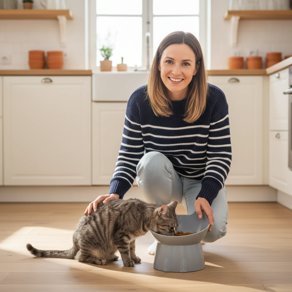 Femme accroupie dans une cuisine près de son chat tigré qui mange dans une gamelle surélevée grise inclinée