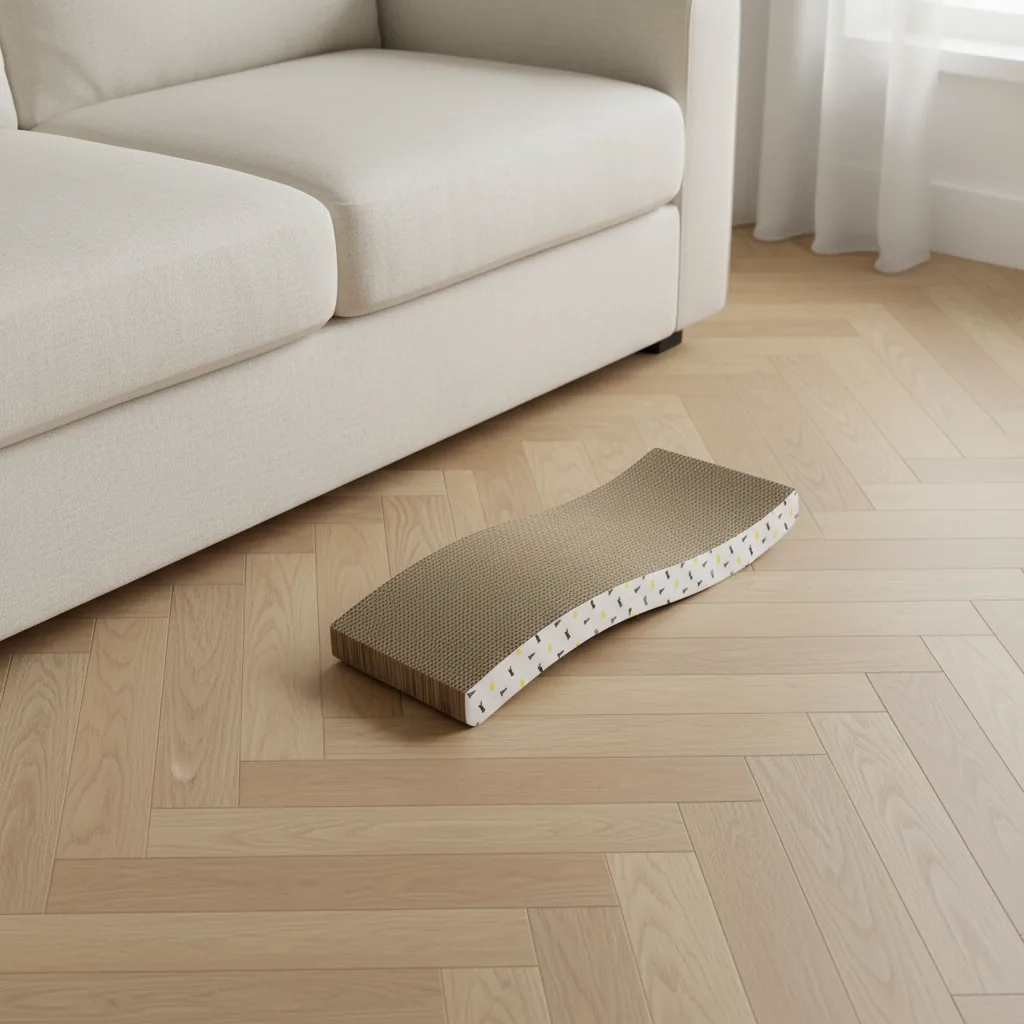 Griffoir ondulé en carton posé sur un parquet devant un canapé clair