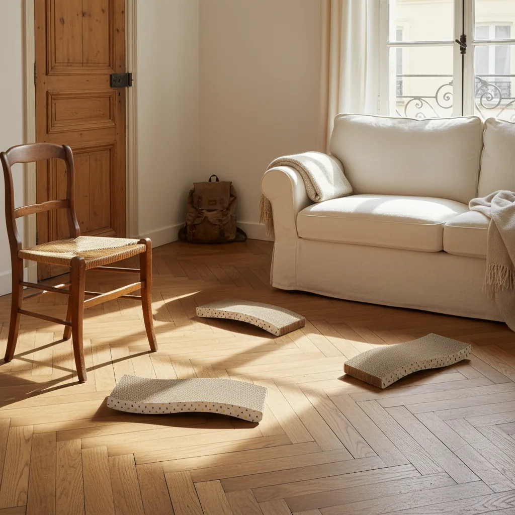 Trois planches de carton ondulé à chant blanc à motifs, posées sur un parquet dans un salon, près d'un canapé