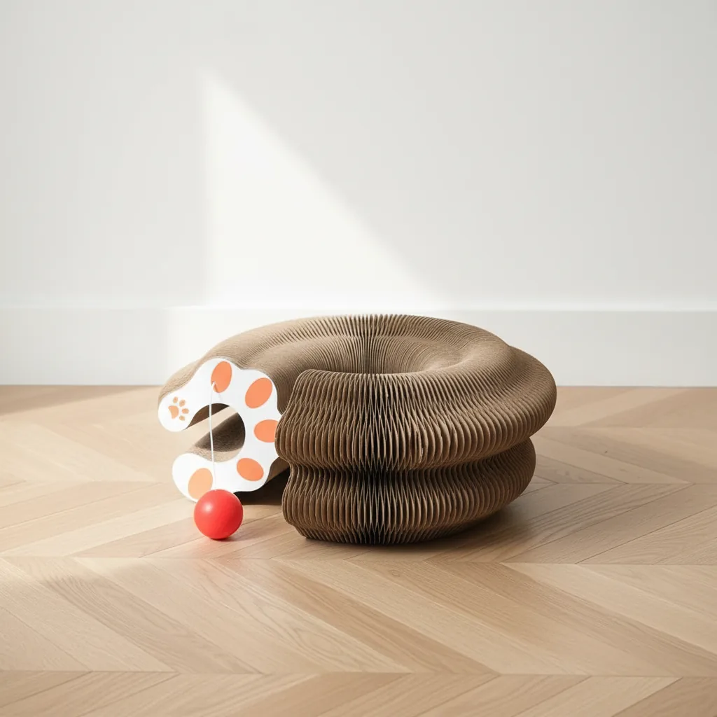 Griffoir accordéon en carton posé sur un parquet clair, balle à clochette rouge au bout d'un fil
