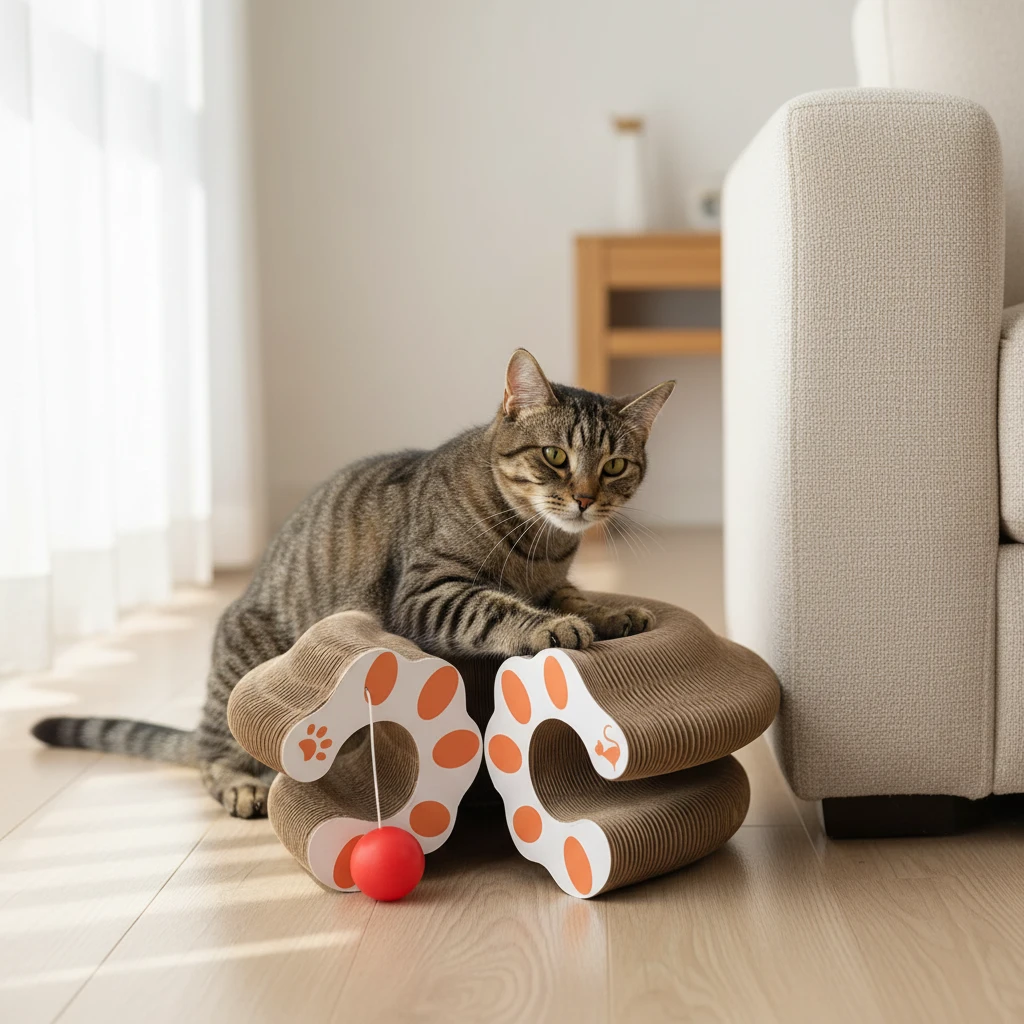 Chat tigré couché sur un griffoir accordéon en carton, posé près d'un canapé crème