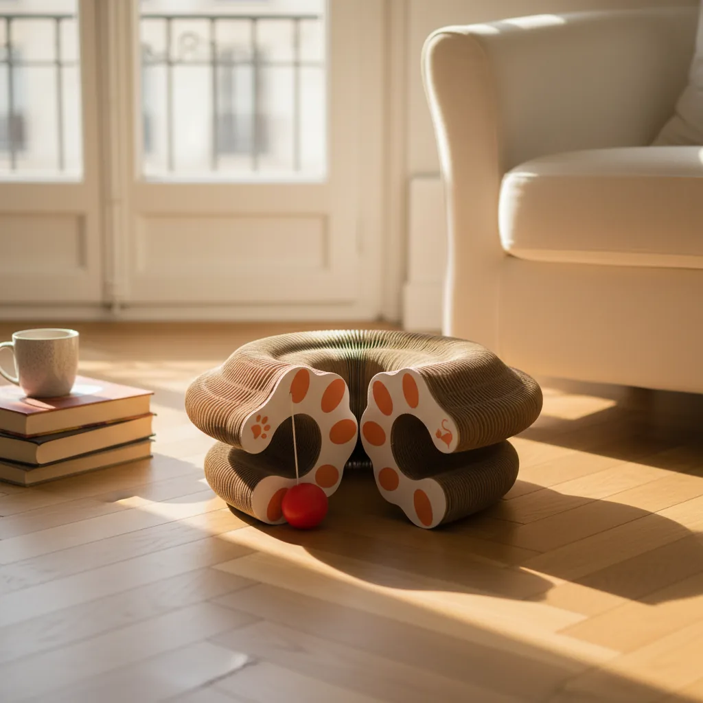 Griffoir accordéon en carton posé sur un parquet près d'un fauteuil crème, avec une tasse et des livres