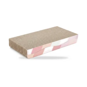 Griffoir en carton rectangulaire à bandes roses et beiges, sur fond blanc
