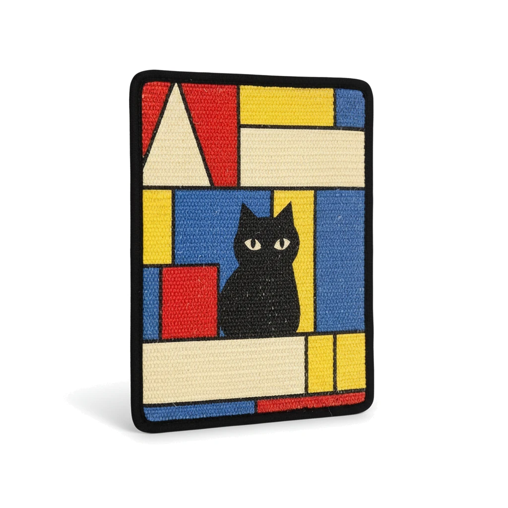 Griffoir mural en sisal pour chat, motif géométrique avec silhouette de chat noir.