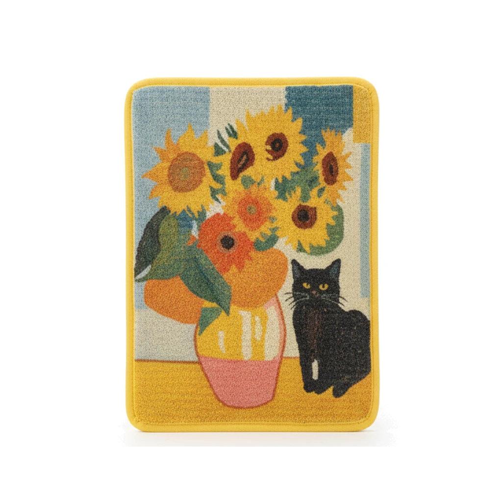 Griffoir mural en sisal pour chat, motif tournesols dans un vase avec chat noir.