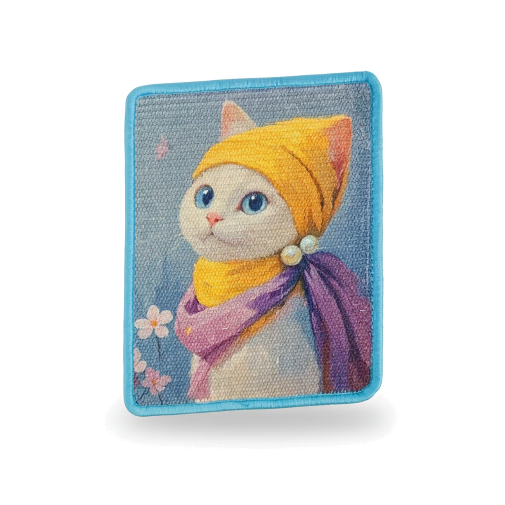 Griffoir mural en sisal pour chat, motif chat blanc au bonnet jaune, bordure bleu clair.