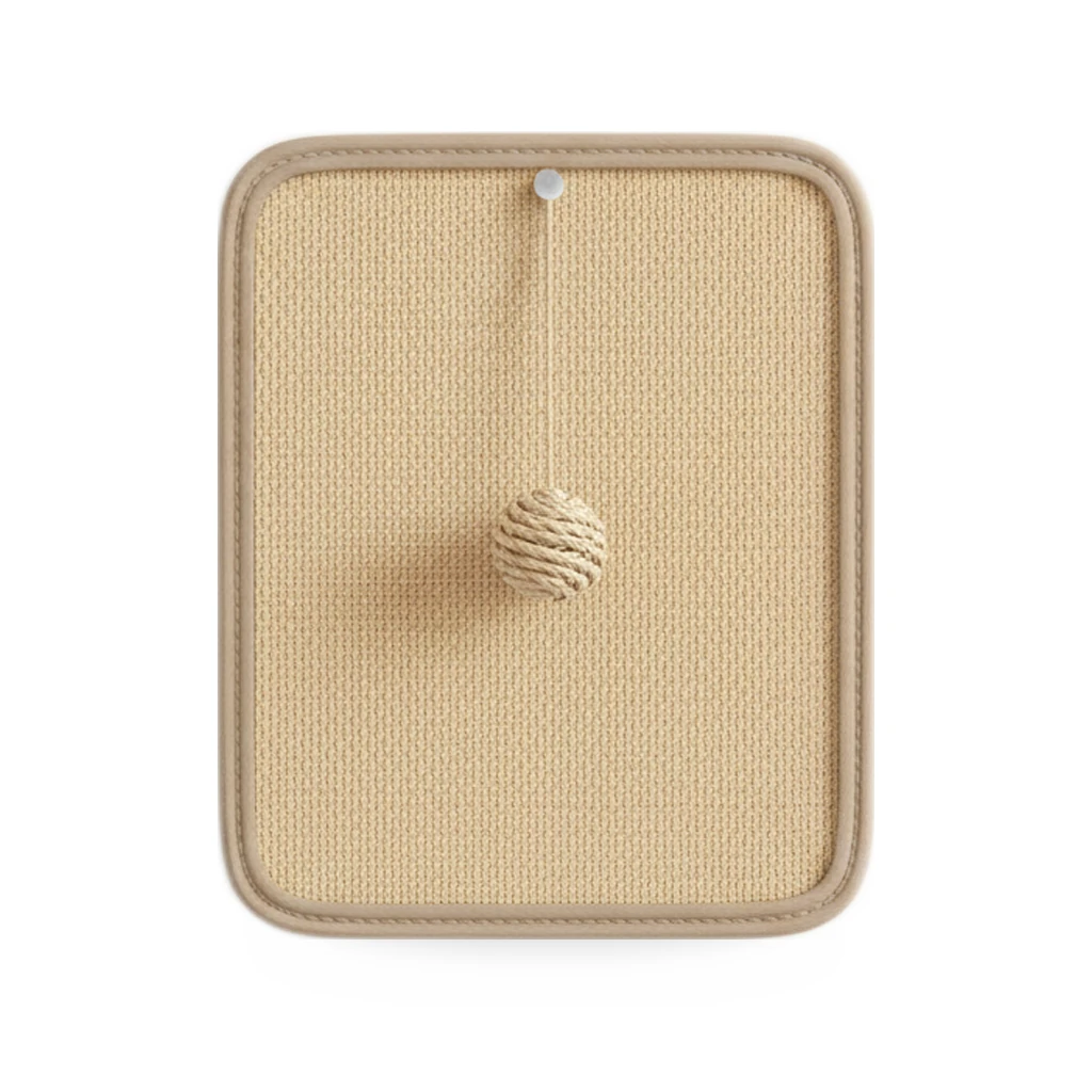 Griffoir tapis en sisal rectangulaire à bordure beige et boule suspendue, sur fond blanc