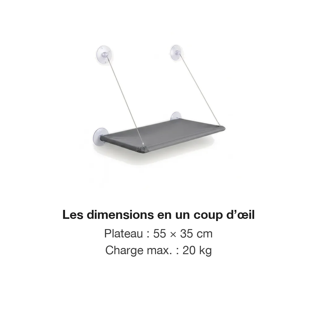 Hamac de fenêtre pour chat : plateau 55 × 35 cm, charge maximale 20 kg