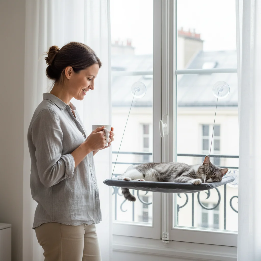 Chat endormi dans un hamac de fenêtre gris fixé par ventouses, une femme tenant une tasse à côté