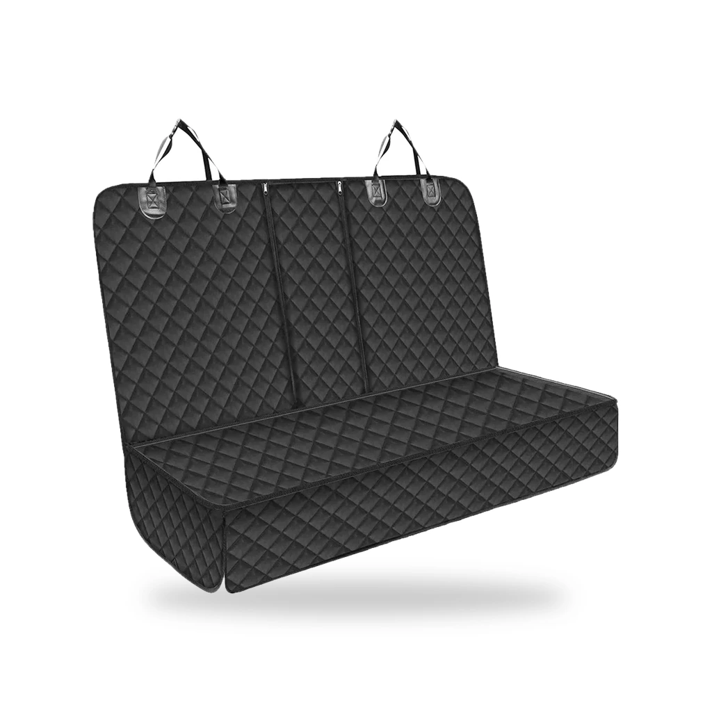 Housse de banquette arrière noire matelassée avec sangles et fermetures éclair, vue sur fond blanc