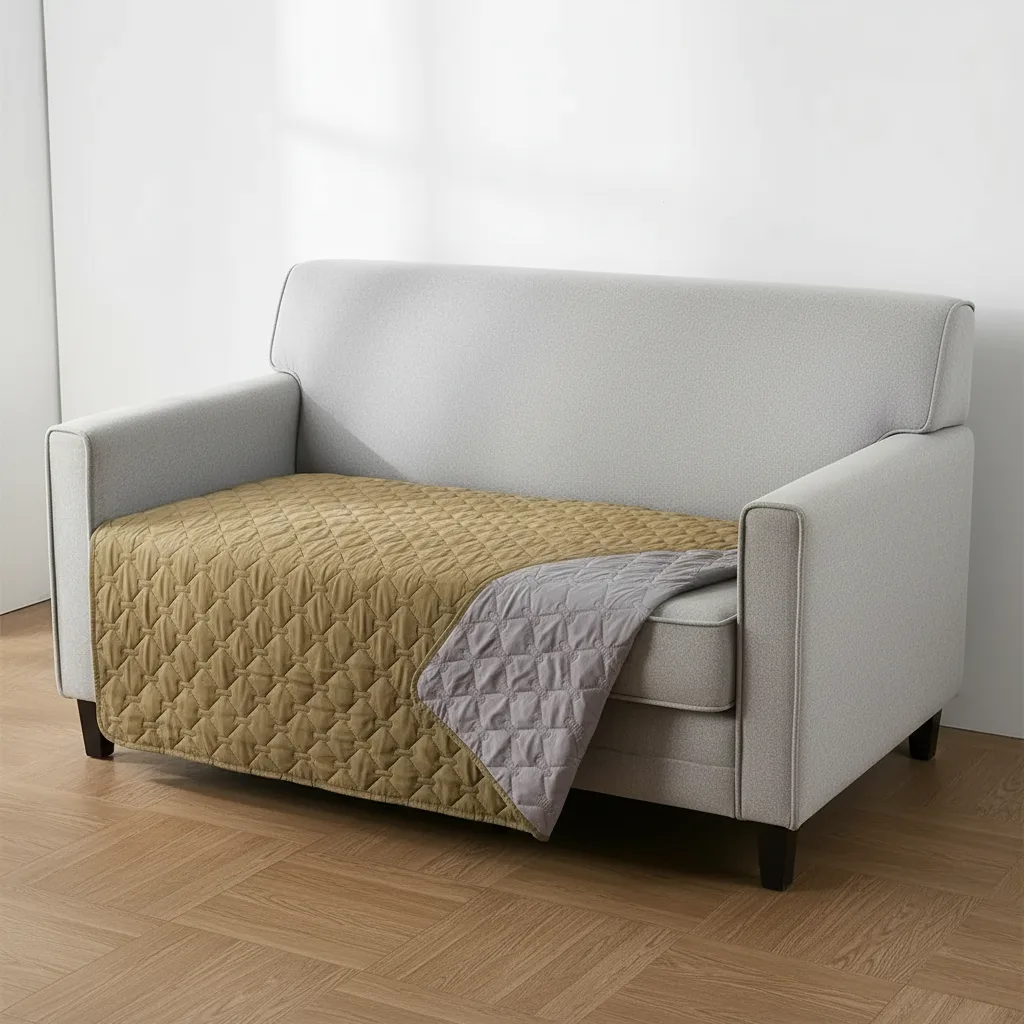 Couverture matelassée à motif losanges, revers gris clair replié sur un canapé