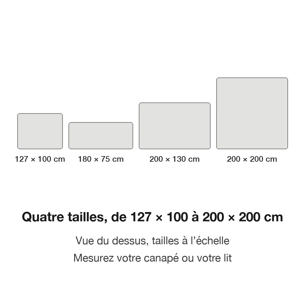 Schéma à l'échelle des quatre tailles de la housse double face : 127 × 100, 180 × 75, 200 × 130 et 200 × 200 cm