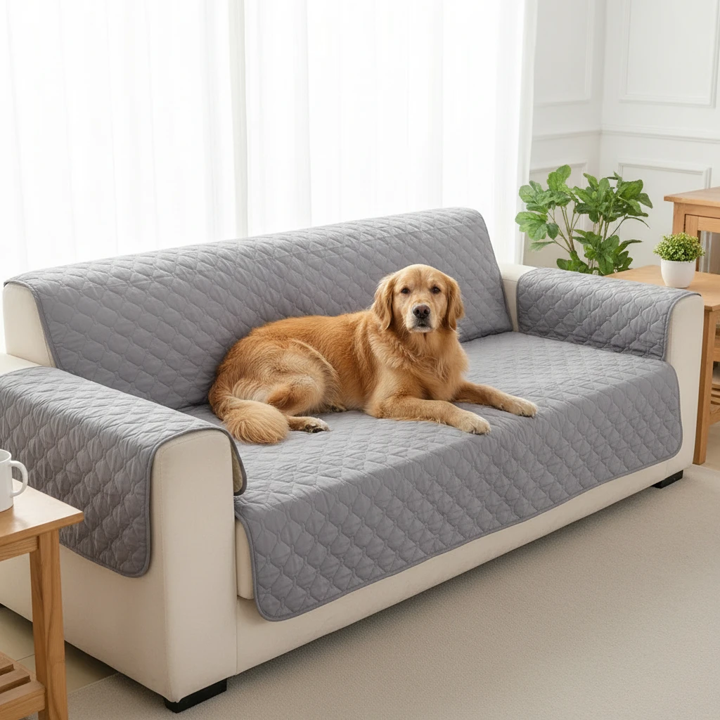 Chien installé sur un canapé recouvert d'une housse double face de couleur unie