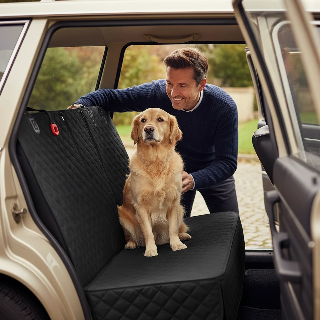 Homme caressant un golden retriever assis sur une housse de siège arrière matelassée noire avec attaches rouges dans un break