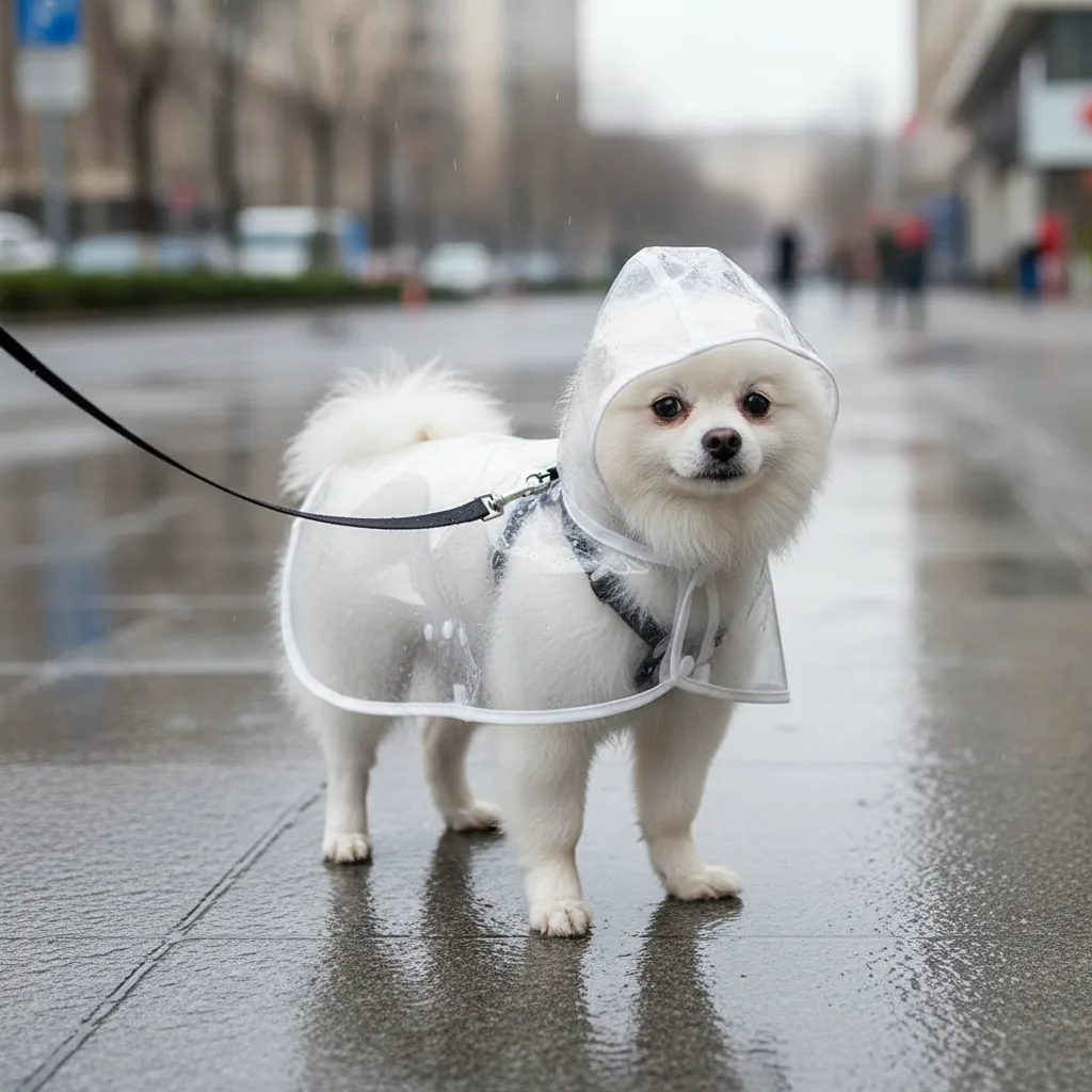 Petit chien blanc portant un imperméable transparent à capuche dans une rue pluvieuse