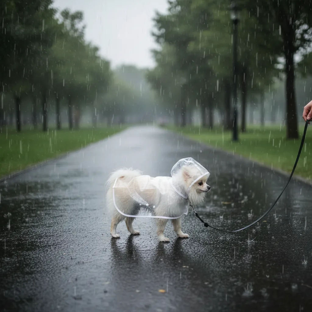 Petit chien crème en imperméable transparent à capuche sur une allée de parc sous la pluie