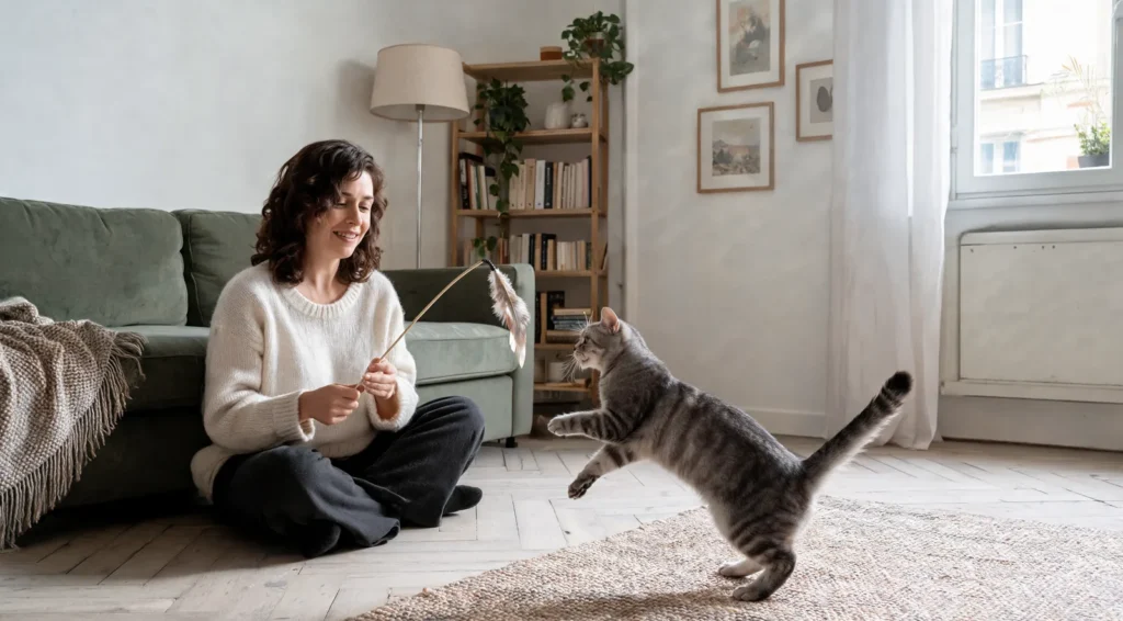 Femme assise au sol jouant avec une canne à plumes devant son chat tigré en plein saut, salon lumineux avec canapé et bibliothèque