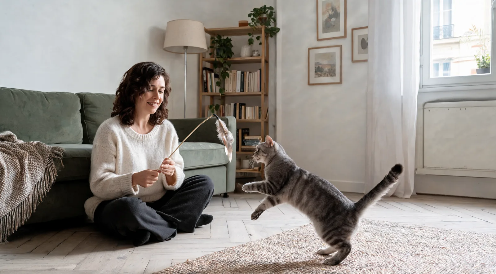 Femme assise au sol jouant avec une canne à plumes devant son chat tigré en plein saut, salon lumineux avec canapé et bibliothèque