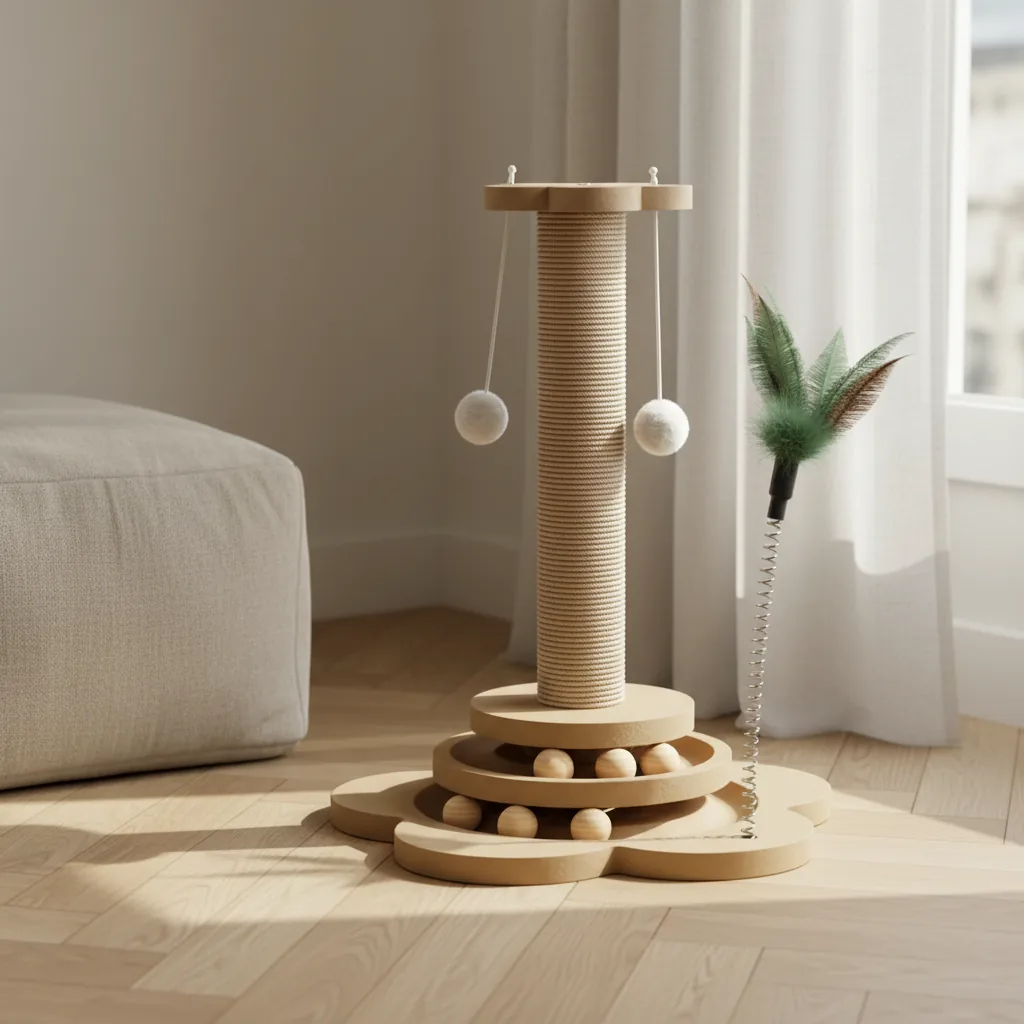 Tour en sisal avec plateau à billes en bois posé sur un parquet clair, près d'un pouf et d'un rideau