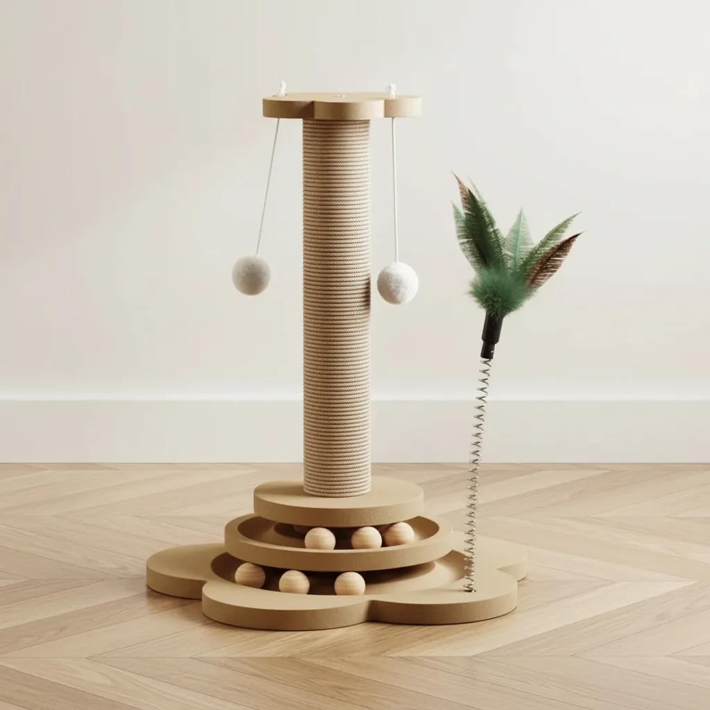 Tour en sisal avec deux pompons suspendus, plume verte sur ressort et plateau à billes en bois, sur un parquet clair