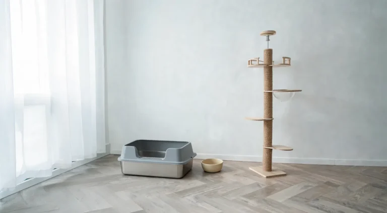 Kit d'arrivée pour chat dans un salon rangé : bac à litière inox avec couvercle, arbre à chat en sisal et gamelle crème