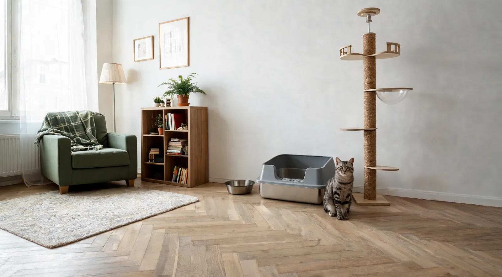 Kit de base pour chat dans un salon : bac à litière, arbre à chat en sisal et gamelle, un chat tigré assis au milieu