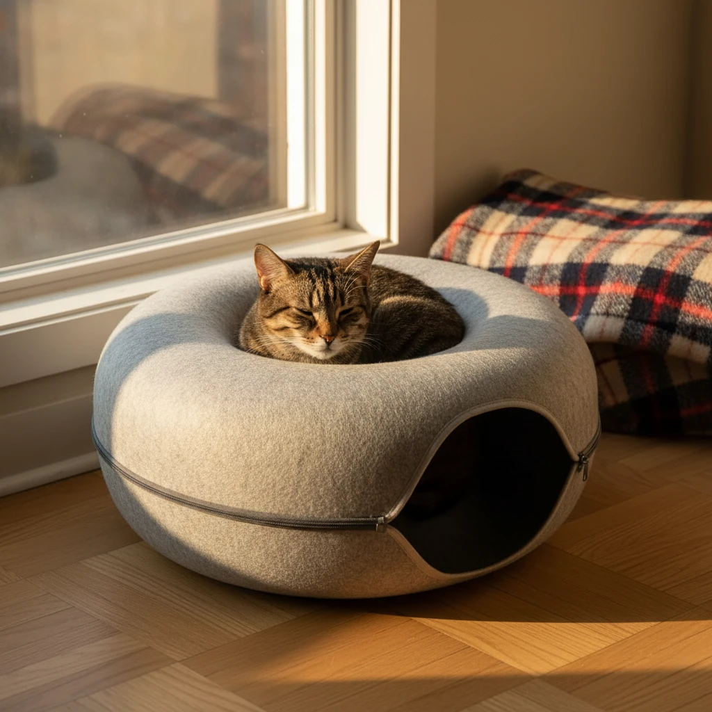 Chat tigré roulé en boule dans un lit beignet en feutre gris près d'une fenêtre