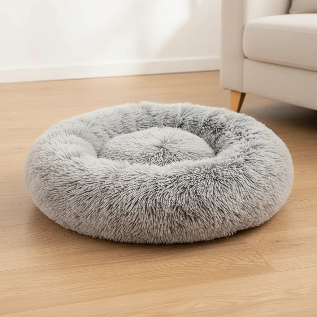 Lit rond en peluche grise à poils longs posé sur un parquet clair près d'un canapé