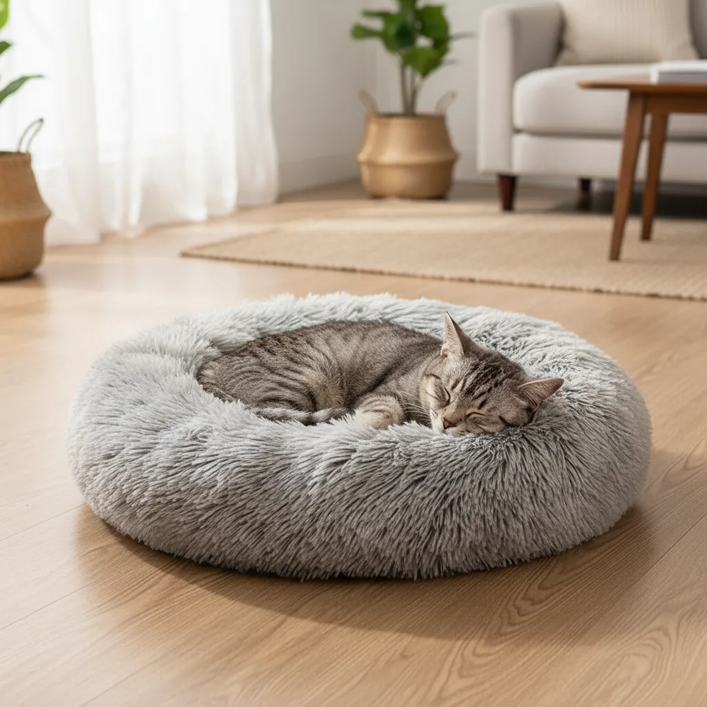 Chat tigré endormi, roulé en boule dans un lit rond en peluche grise