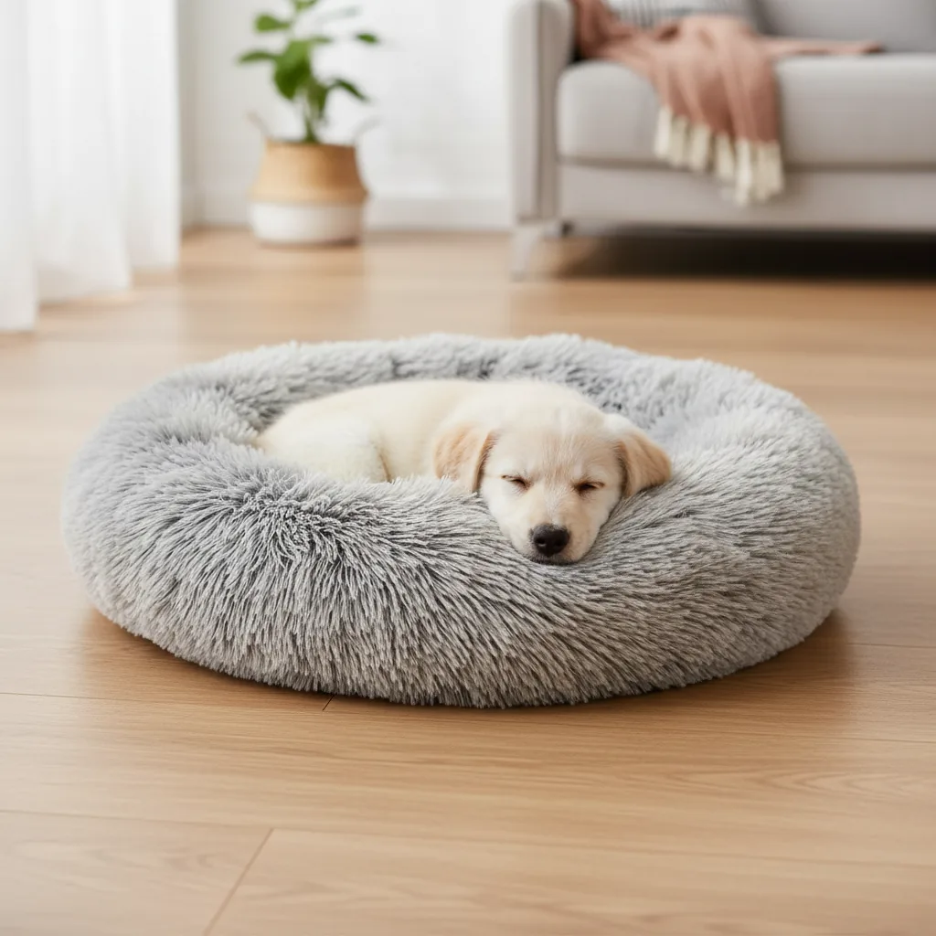 Chiot crème endormi dans un lit rond en peluche grise