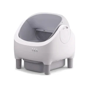 Litière automatique connectée blanche et grise, capot ouvert montrant le tambour à grille, boutons et pieds, sur fond blanc